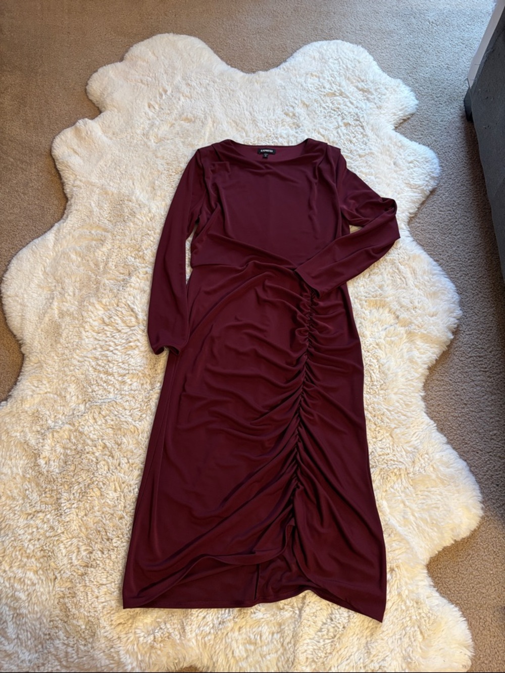 Express Burgundy Long Sleeve Ruched Midi Dress